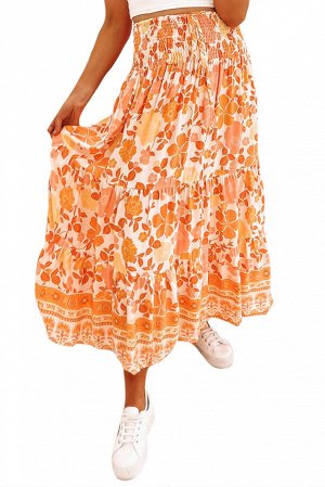 Оранжевая присборенная юбка-трапеция с высокой талией и цветочным принтом