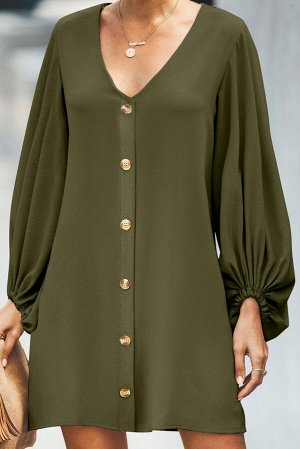 Зеленое платье-рубашка с V-образным вырезом и пышными рукавами