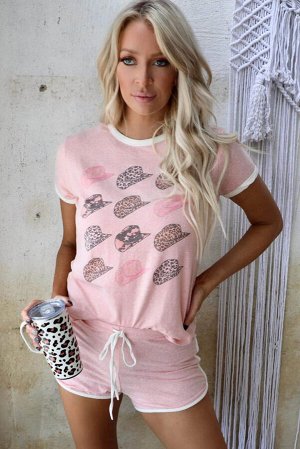 Pink Leopard Hat Print Short Sleeve T Shirt and Drawstring Shorts Loungewear