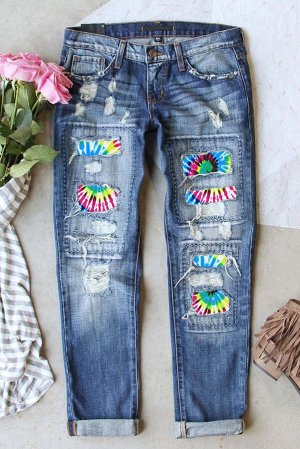 Sky Blue Tie Dye Print Distressed High Waist Ankle Jeans