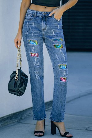 Sky Blue Tie Dye Print Distressed High Waist Ankle Jeans