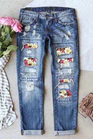 Sky Blue Daisy Flower Patchwork Frayed Jeans