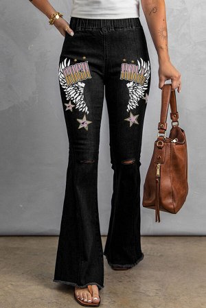Черные джинсы-клеш с эластичной талией и разрезами на коленях с принтом Rock n  Roll