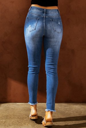 Голубые облегающие рваные джинсы с принтом "бабочка и ромашка"