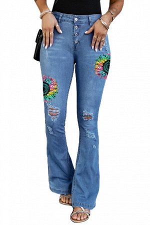 Голубые обтягивающие джинсы-клёш с дырками на коленях и принтом подсолнухи