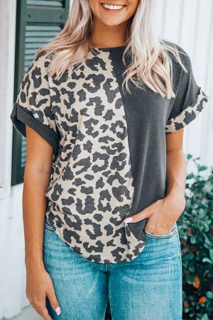Черная свободная футболка с леопардовым принтом в стиле пэчворк