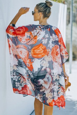 Серая пляжная накидка-кимоно с разноцветным цветочным принтом в стиле бохо