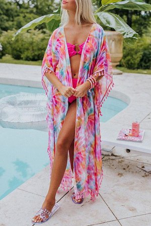 Разноцветная пляжная накидка-кимоно с кисточками и цветочным принтом