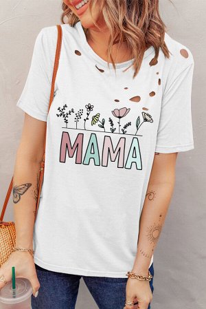 Белая футболка с дырками и надписью: МАМА