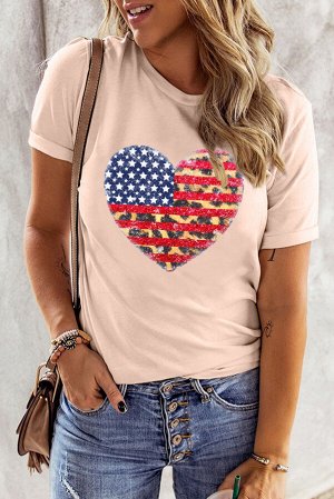 Розовая футболка с леопардовым принтом сердце в цветах американского флага