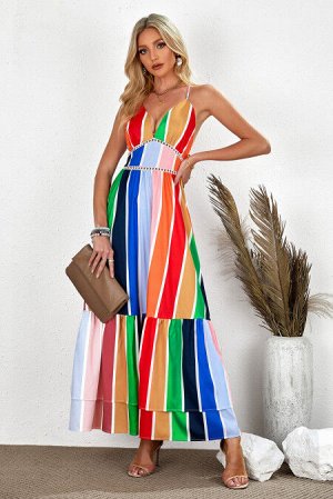 Разноцветное полосатое многоярусное платье с вышивкой