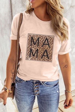 Розовая футболка с леопардовым принтом и надписью: MAMA