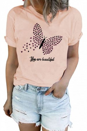 Розовая футболка с принтом бабочка и надписью: Yau Are Beautiful