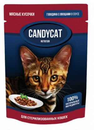 CANDYCAT влажный корм для стерилизованных кошек с говядиной и овощами соусе 85гр
