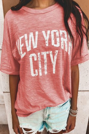 Розовая футболка оверсайз с надписью: NEW YORK CITY