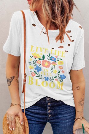 Серая футболка с дырками и цветочным принтом с надписью: LIVE LIFE IN FULL BLOOM