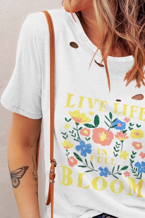 Серая футболка с дырками и цветочным принтом с надписью: LIVE LIFE IN FULL BLOOM