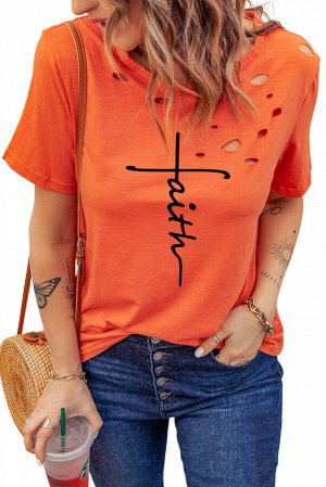 Оранжевая футболка с дырками и надписью: Faith