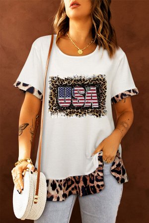 Белая футболка с леопардовыми вставками и надписью: USA