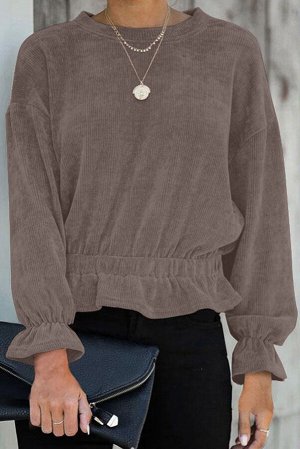 Вельветовая блуза цвета хаки с длинными рукавами и оборками