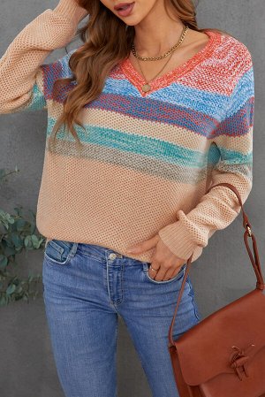 Бежевый вязаный пуловер в разноцветную полоску