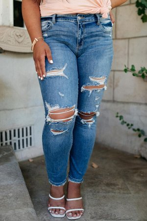 Голубые обтягивающие джинсы плюс сайз с высокой талией и дырками