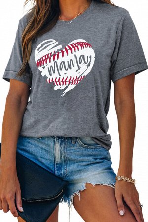Серая футболка с принтом бейсбольный мяч в форме сердца и надписью: mama