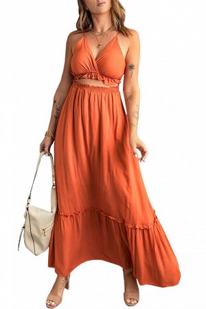 Оранжевое платье-макси с вырезом на талии