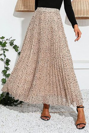 Бежевая шифоновая плиссированная юбка с высокой талией и леопардовым принтом