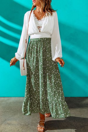 Зеленая юбка с высокой талией и цветочным принтом