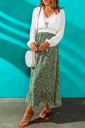 Зеленая юбка с высокой талией и цветочным принтом