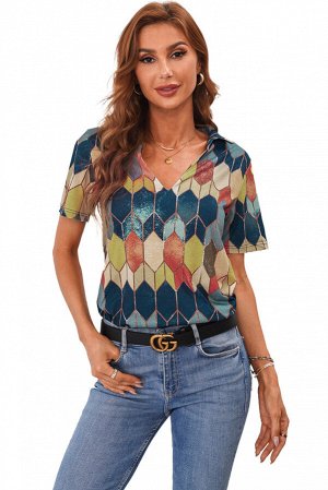 Разноцветная футболка с V-образным вырезом и мозаичным узором