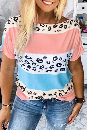 Бежево-белая свободная футболка с леопардовым принтом и разноцветными полосками