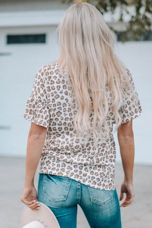 Buttons Neck Ruffled Sleeve Leopard Top