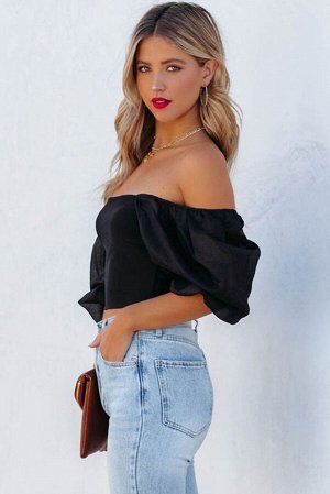 Black Solid Square Neck Puff Sleeve Crop Top