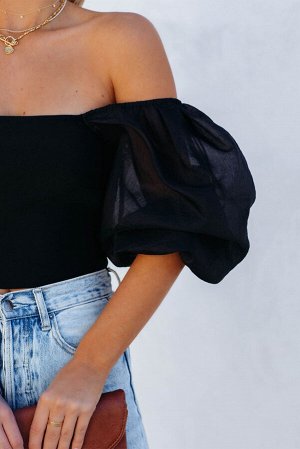 Black Solid Square Neck Puff Sleeve Crop Top