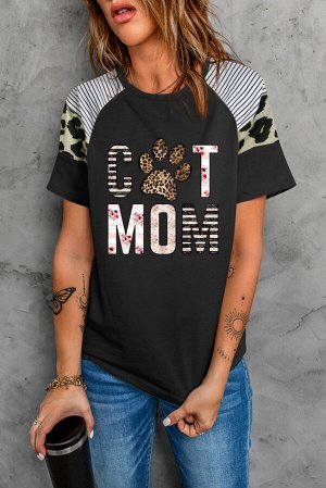 Black Cat Mom Funny Letter Print Short Sleeve Tee