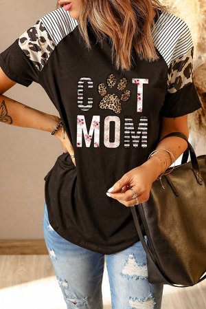 Black Cat Mom Funny Letter Print Short Sleeve Tee