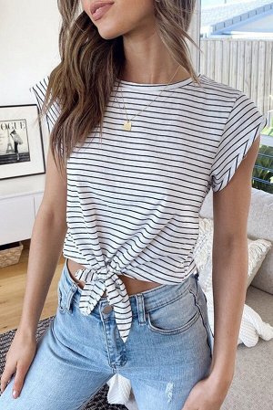 White Striped Crop Top with Tie up