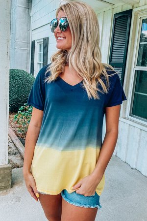 Blue Gradient Color Block V Neck T Shirt