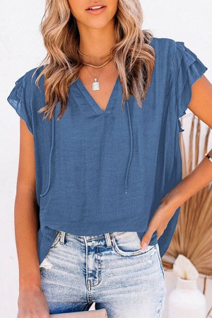 Blue Tiered Ruffled Drawstring V Neck Top