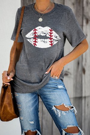 Gray Baseball Lip Print Short Sleeve Graphic Tee