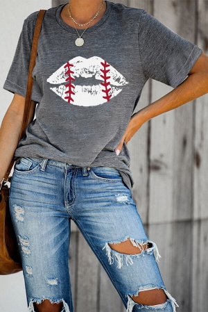 Gray Baseball Lip Print Short Sleeve Graphic Tee