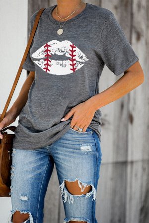 Gray Baseball Lip Print Short Sleeve Graphic Tee