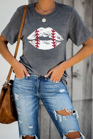 Gray Baseball Lip Print Short Sleeve Graphic Tee