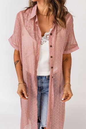 Pink Swiss Dot Short Sleeve Belted Buttoned Open Front Cardigan