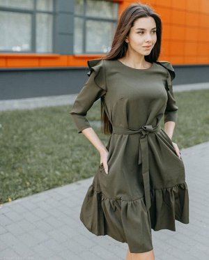 Платье 6006 "Однотон - Рюша Рукав" Хаки