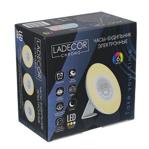 LADECOR CHRONO Часы-будильник, 17х9,3см, LED, с эфф.рассвета, FM-радио, 2хААА или microUSB, пластик