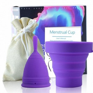Менструальная чаша с контейнером и мешочком для хранения, фиолетовая