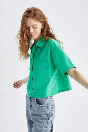 Классная хлопковая рубашка из укороченного поплина Deay с двойным карманом и короткими рукавами